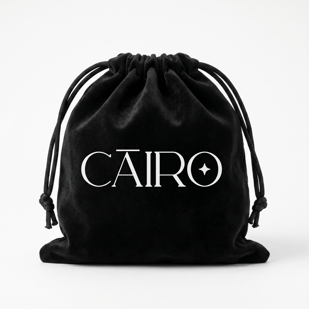 Black drawstring bag with 'CAIRO' branding on a white background